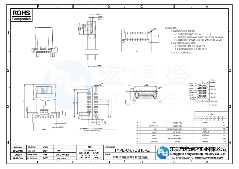 TYPE-C母座16PIN-180度-贴板