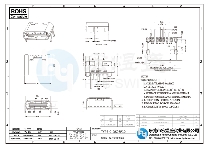 TYPE-C母座单排6P板上型