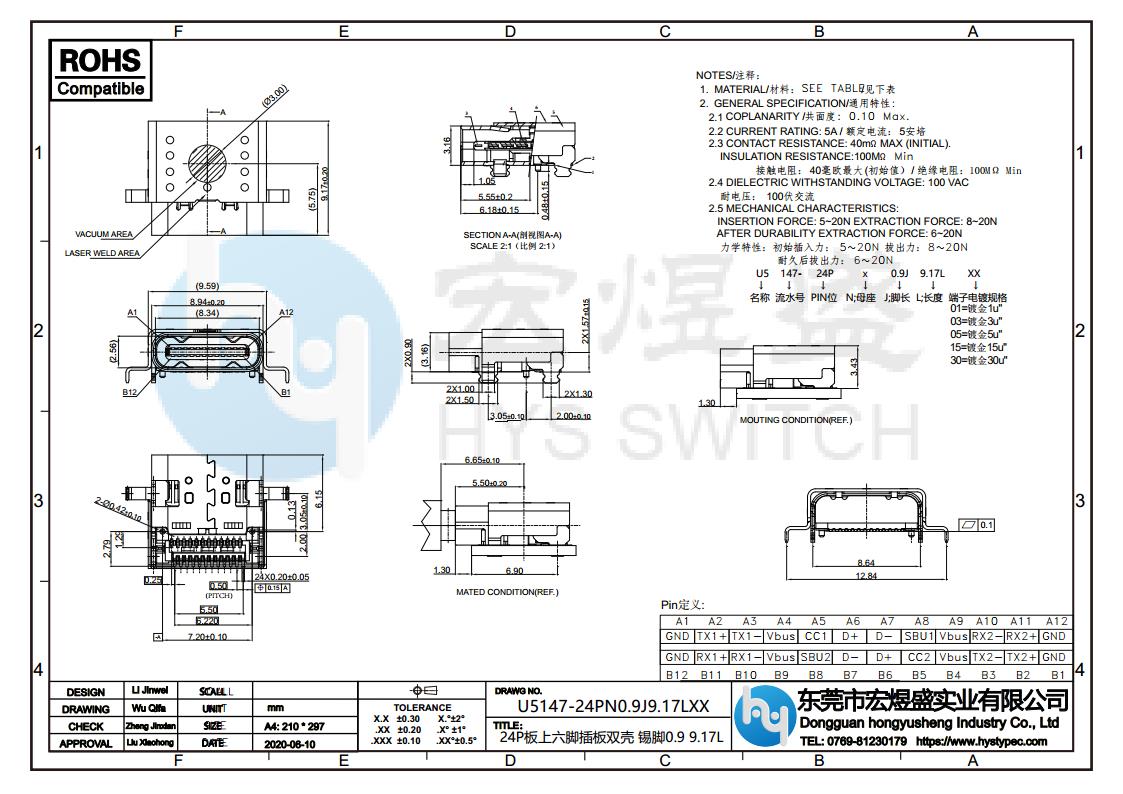 USB4.0 TYPE-C母座24P尺寸图