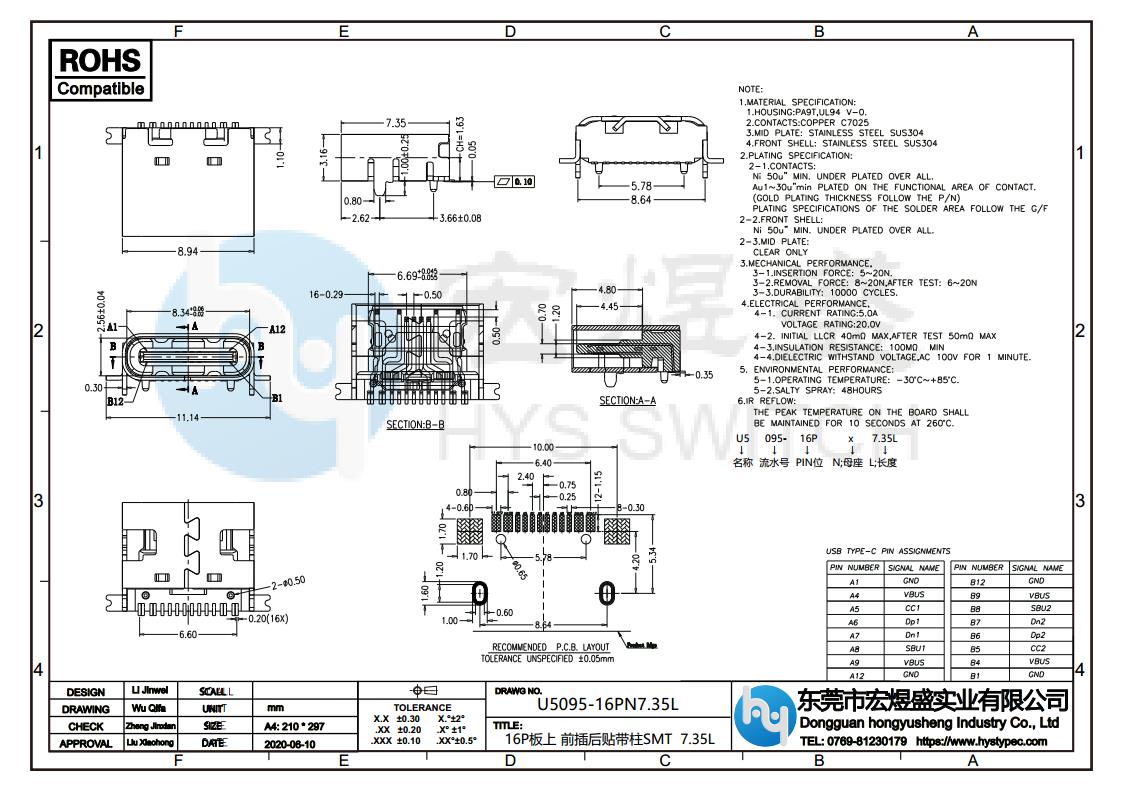 TYPE-C母座16P板上型斜口7.33L尺寸图