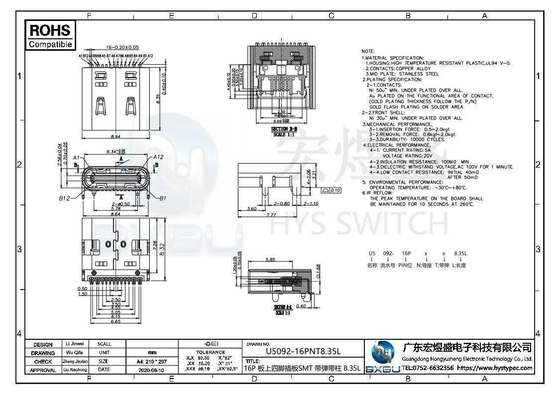 TYPE-C母座16P前贴后插尺寸图