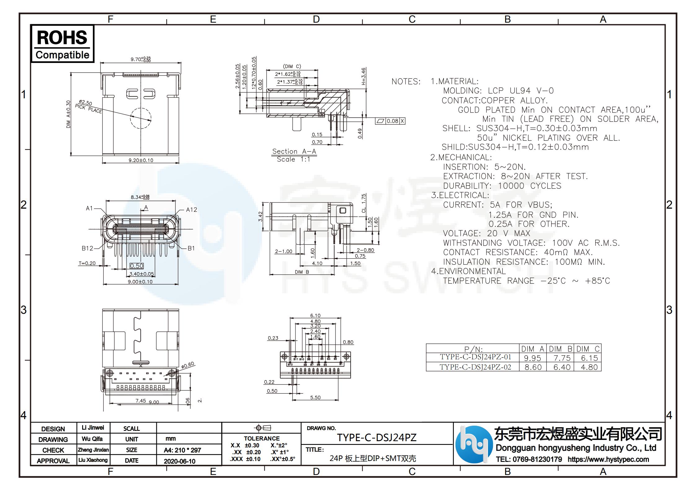 TYPE-C母座24P板上型DIP+SMT双壳 