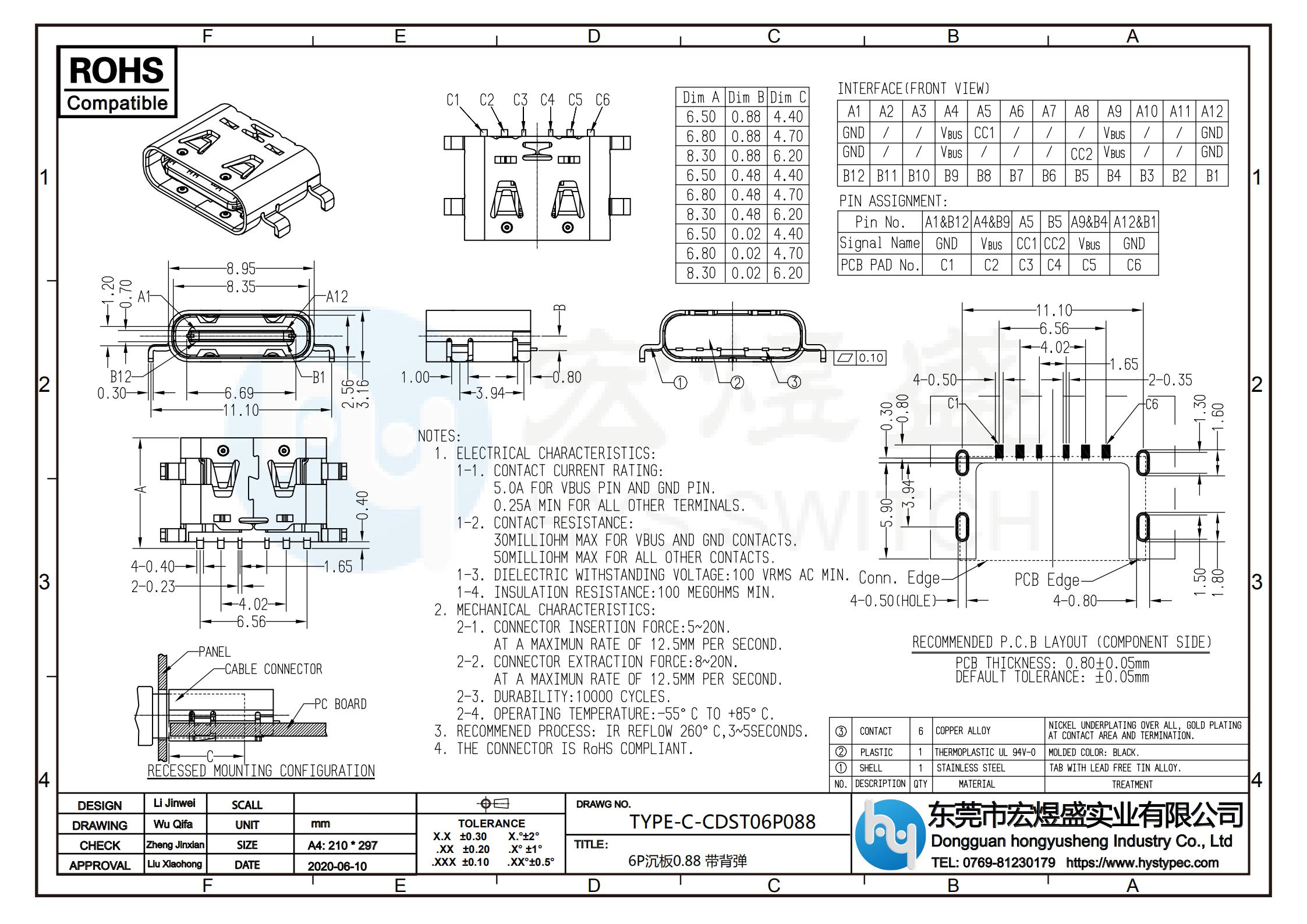 TYPE-C母座6P沉板0.88 带背弹尺寸图