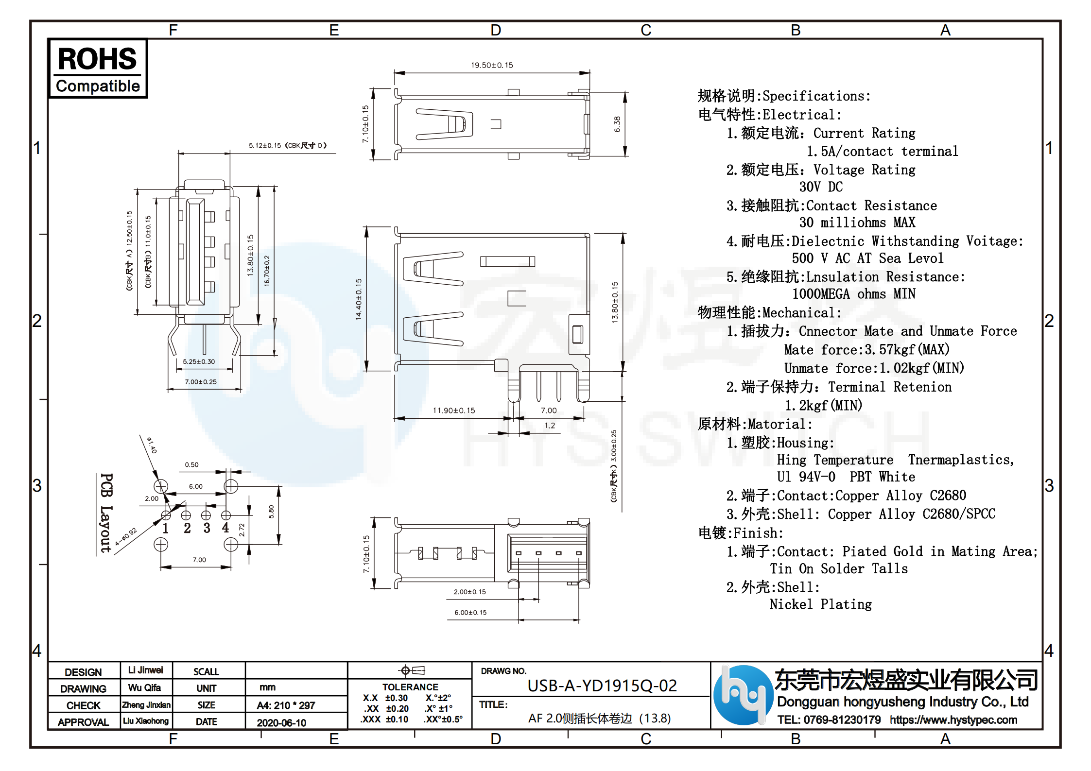 USB母座AF2.0侧插长体19.5卷边尺寸图