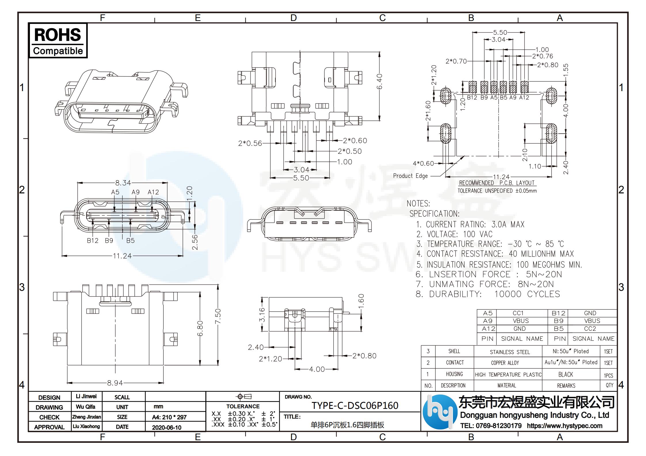 TYPE-C母座6P沉板1.6尺寸图