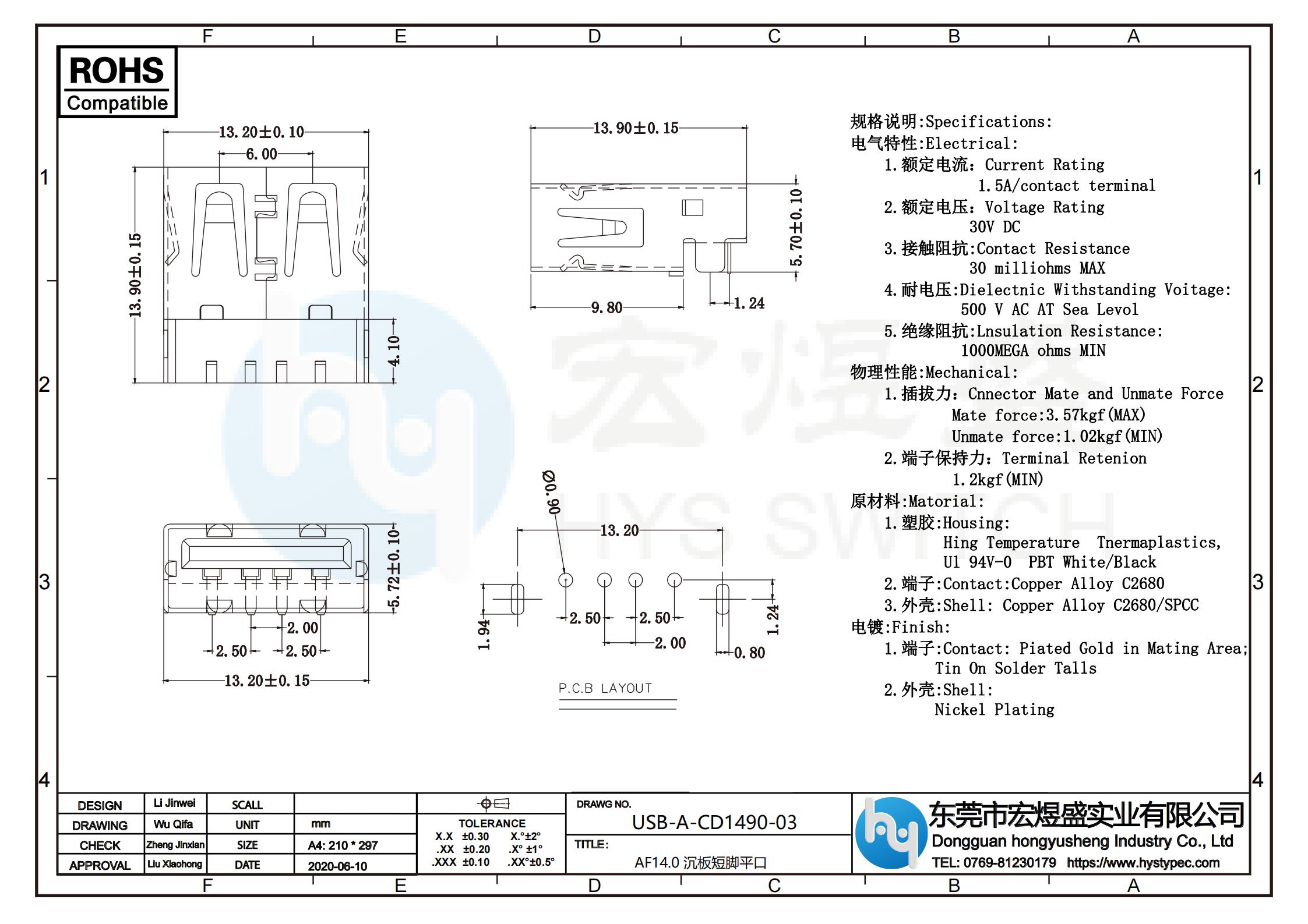 USB母座AF14.0沉板短脚平口尺寸图