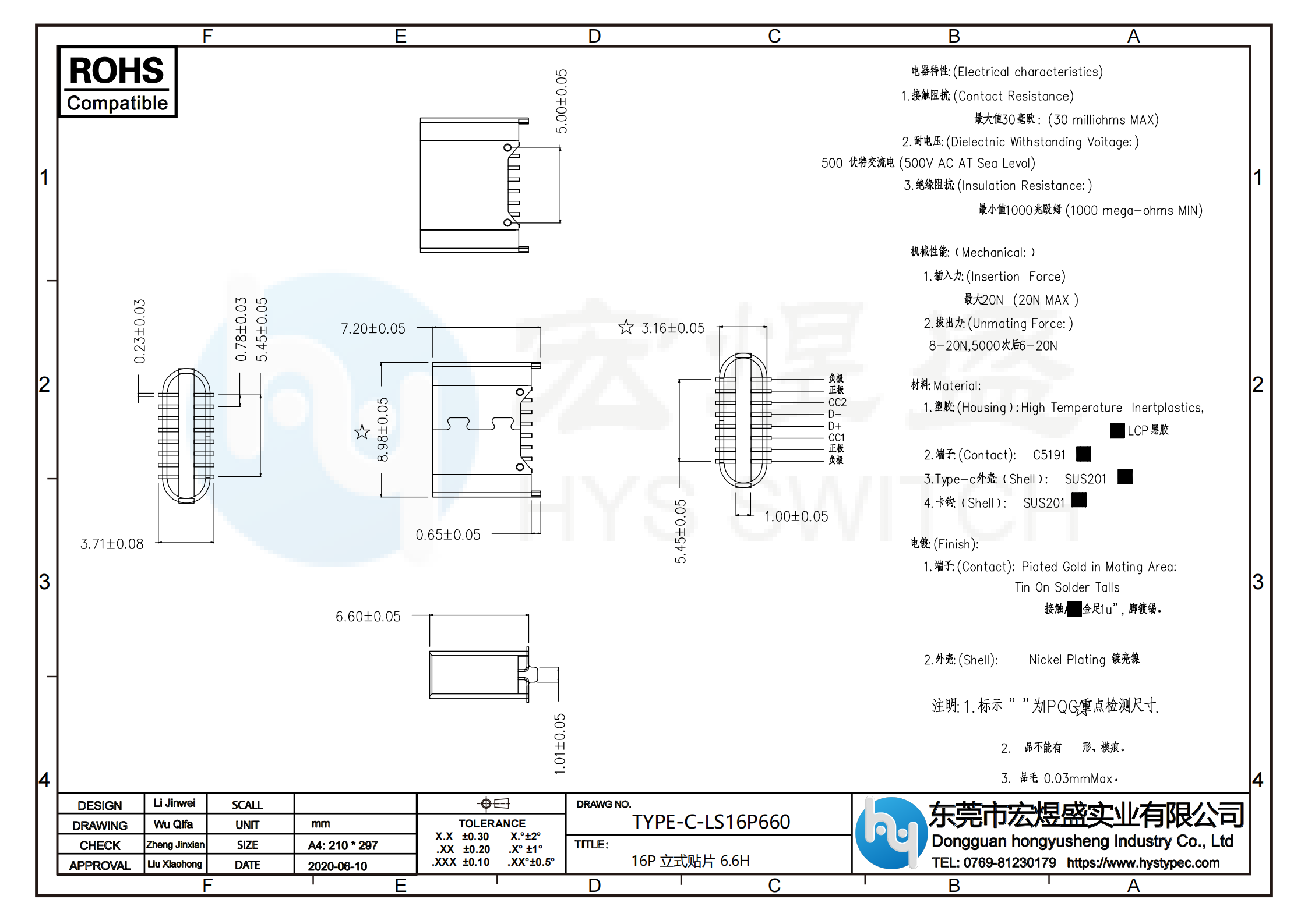 TYPE-C母座16P立式贴片尺寸图