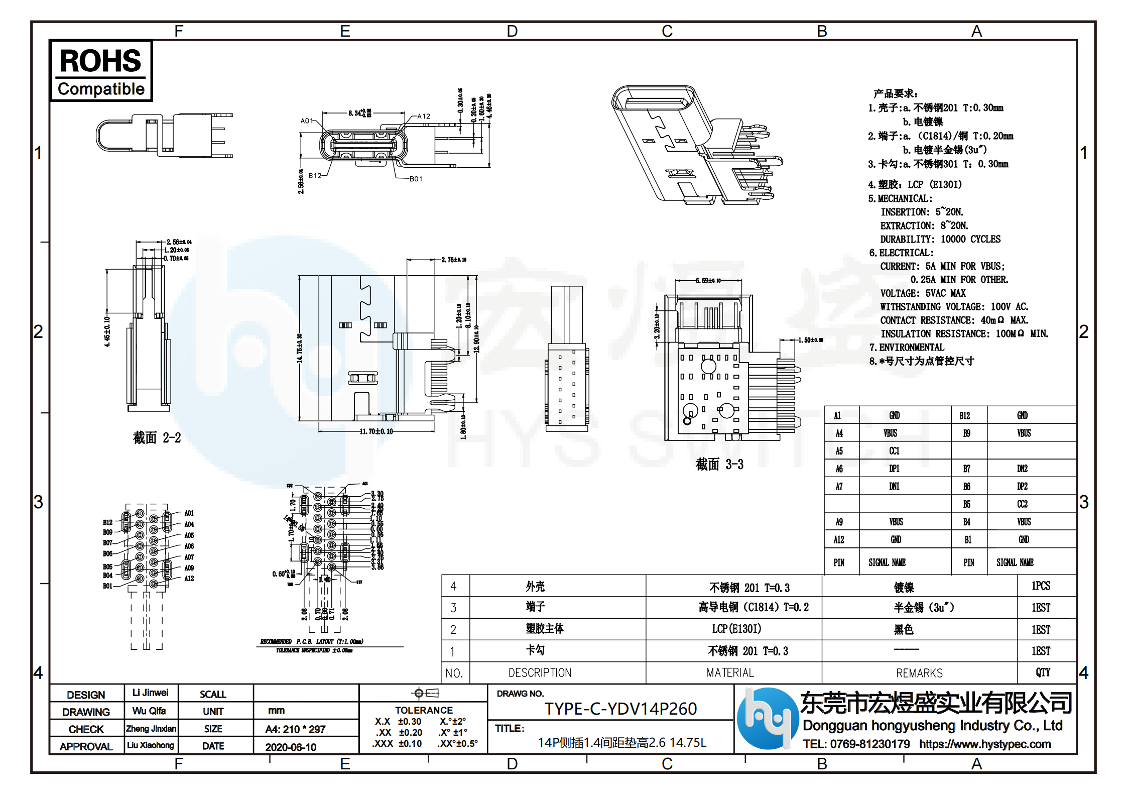 TYPE-C母座14P侧插1.4间距垫高2.6尺寸图