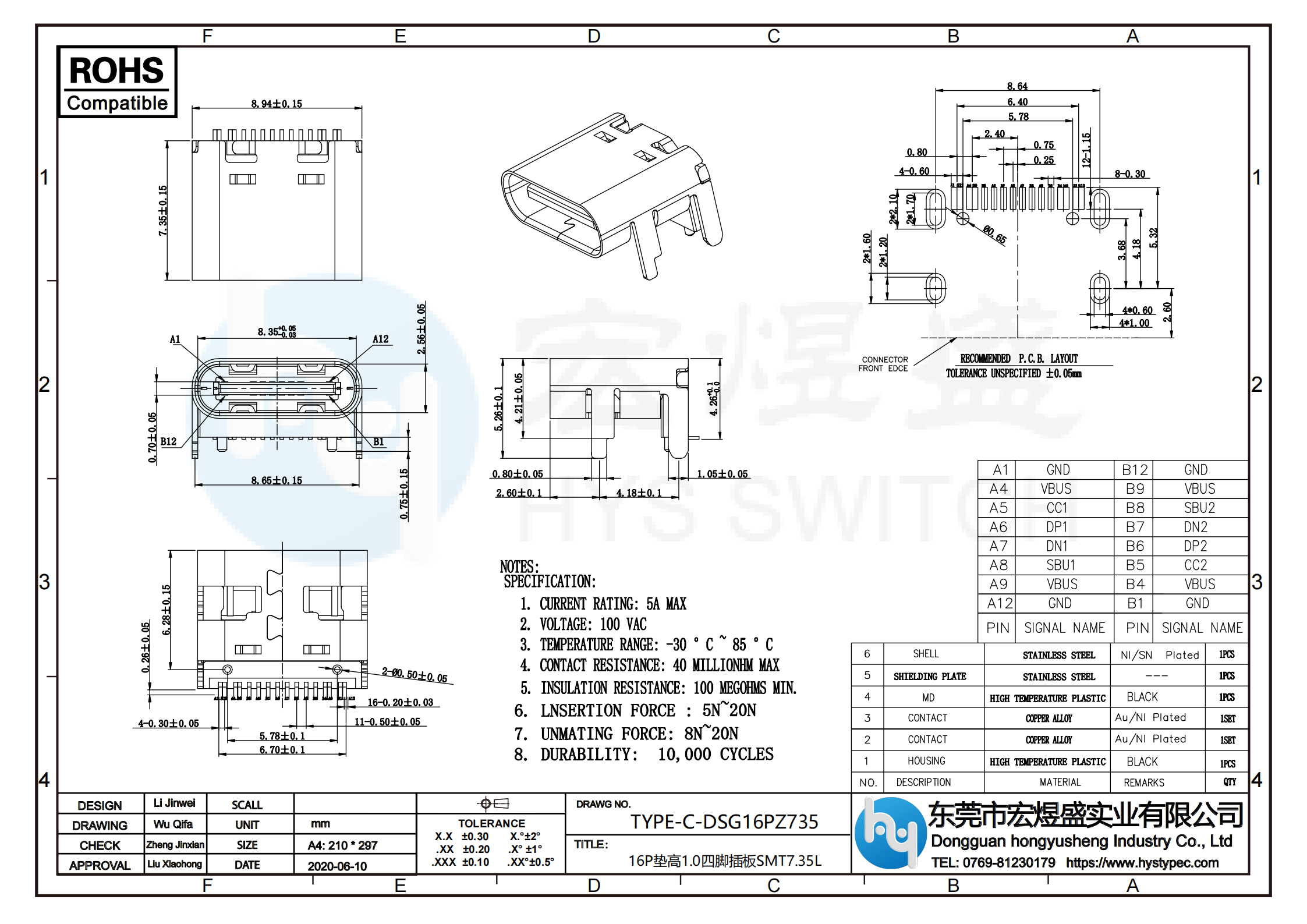 USB 3.1垫高1.0 TYPE-C 16P母头规格尺寸图