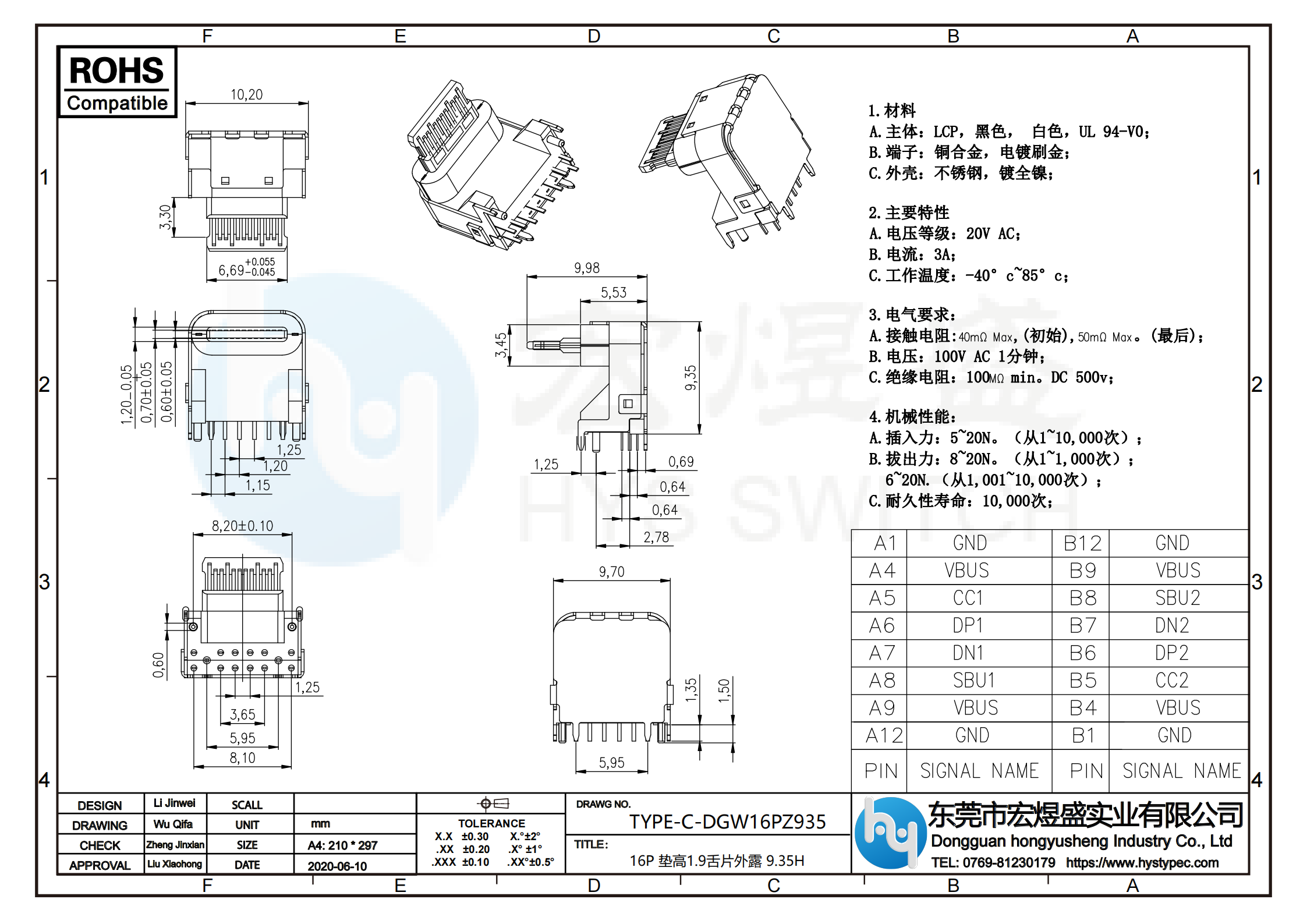 TYPE-C母座16P垫高1.9舌片外露尺寸图 