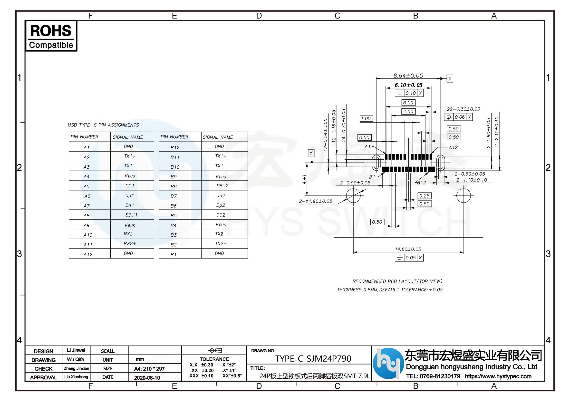 TYPE-C母座24P板上锁板式后两脚插板SMT7.9L尺寸图