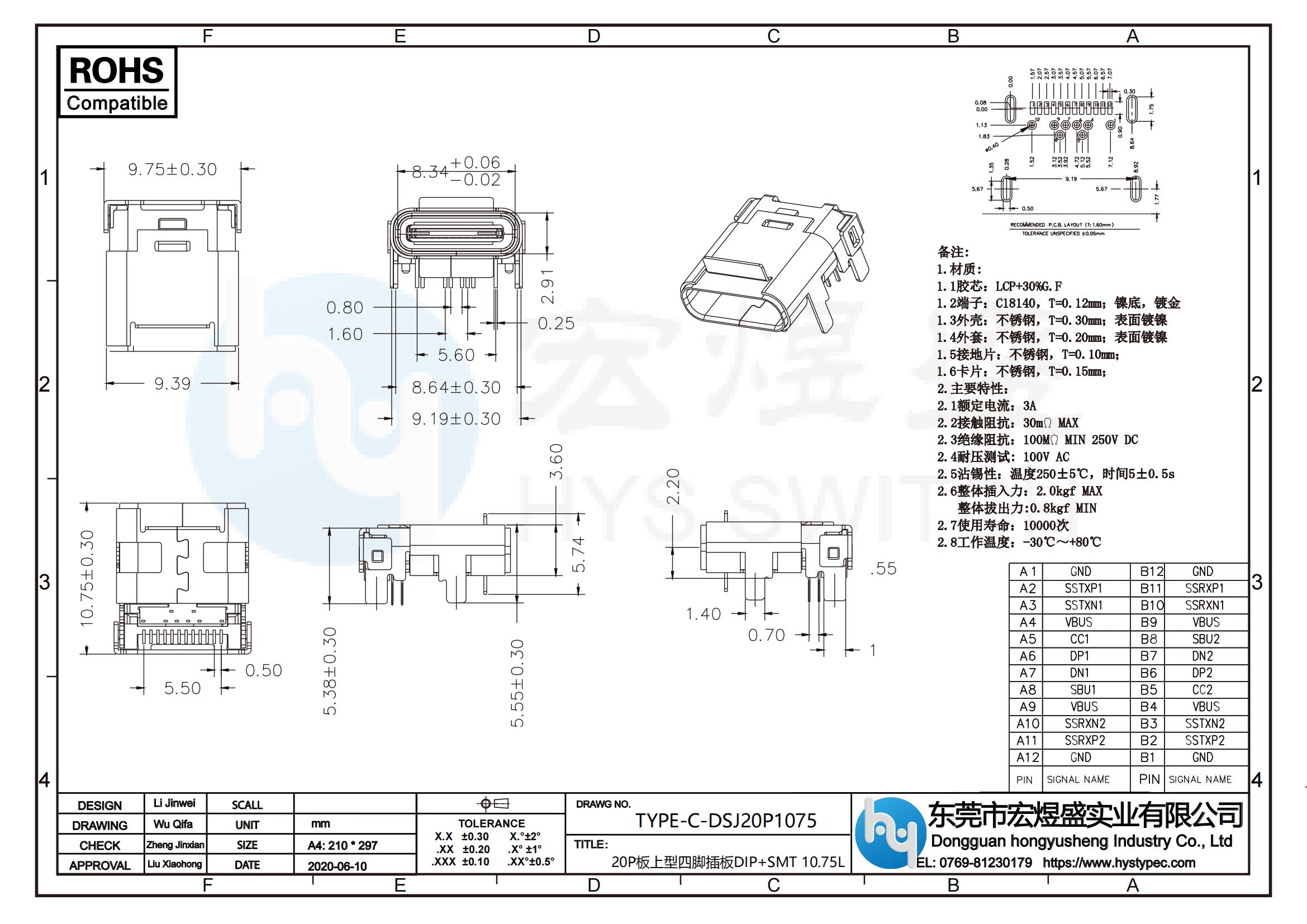 TYPE-C母做20P板上型四脚插板DIP+SMT10.75L尺寸图