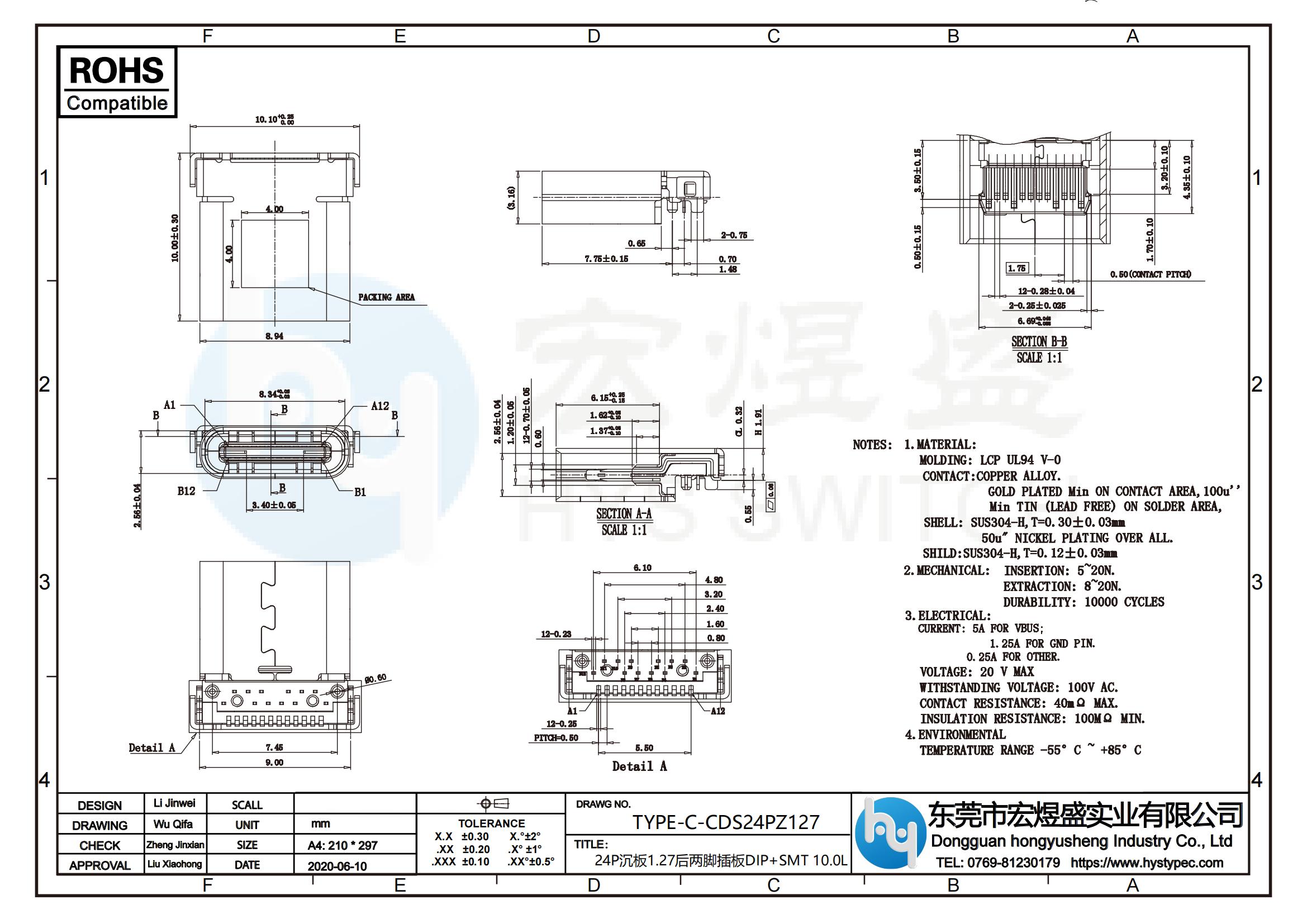 TYPE-C母座24P沉板1.27后两脚插板DIP+SMT尺寸图