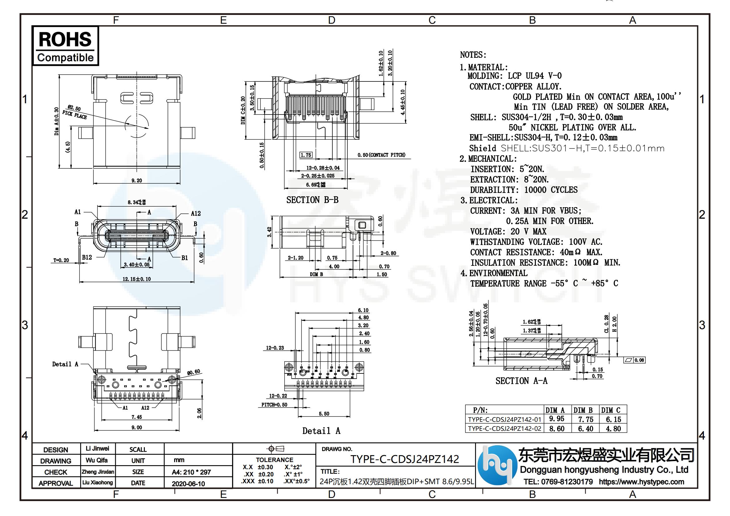 TYPE-C母座24P沉板1.42双壳四脚插板尺寸图