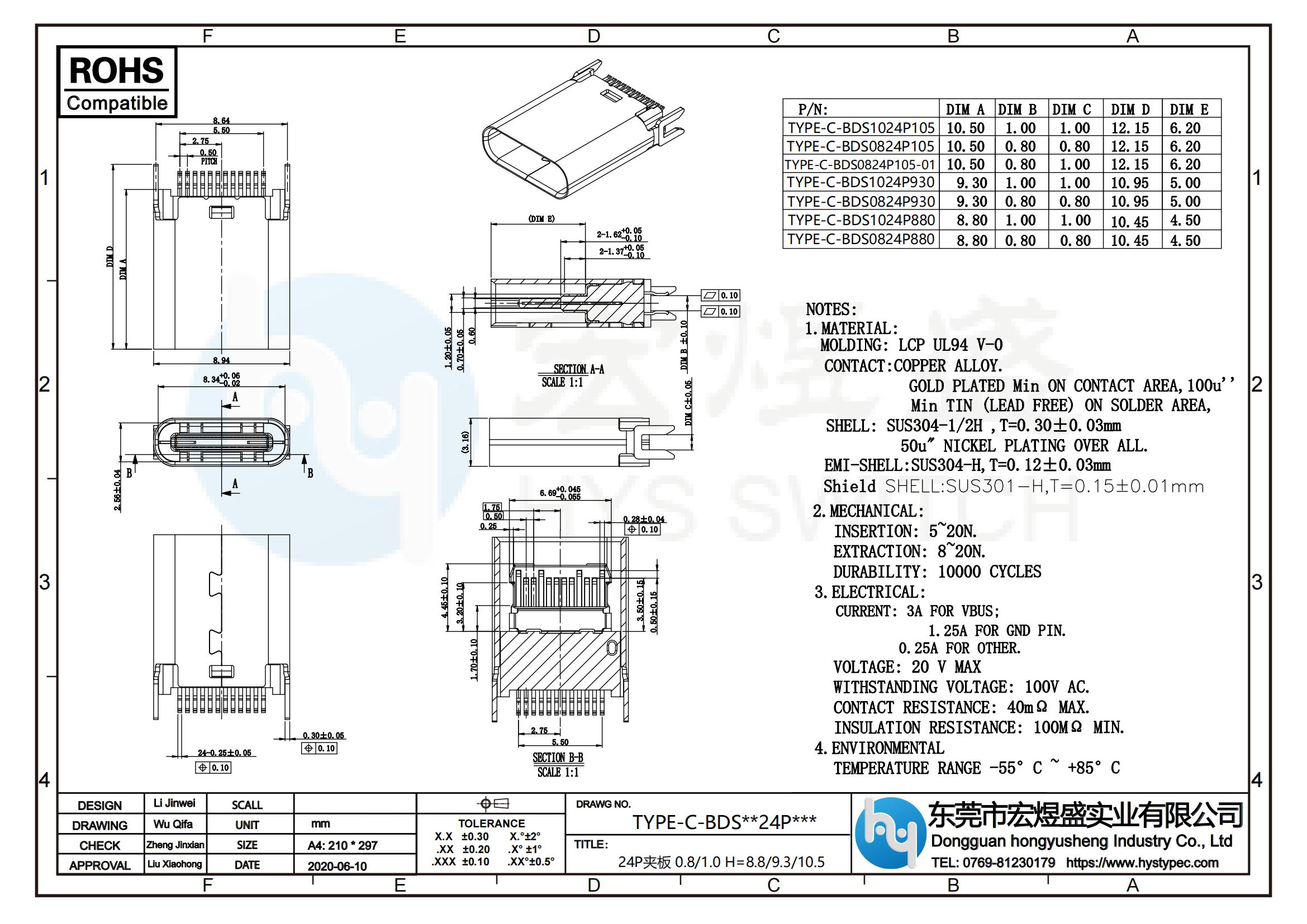 TYPE-C母座24P夹板 0.8 1.0尺寸图 