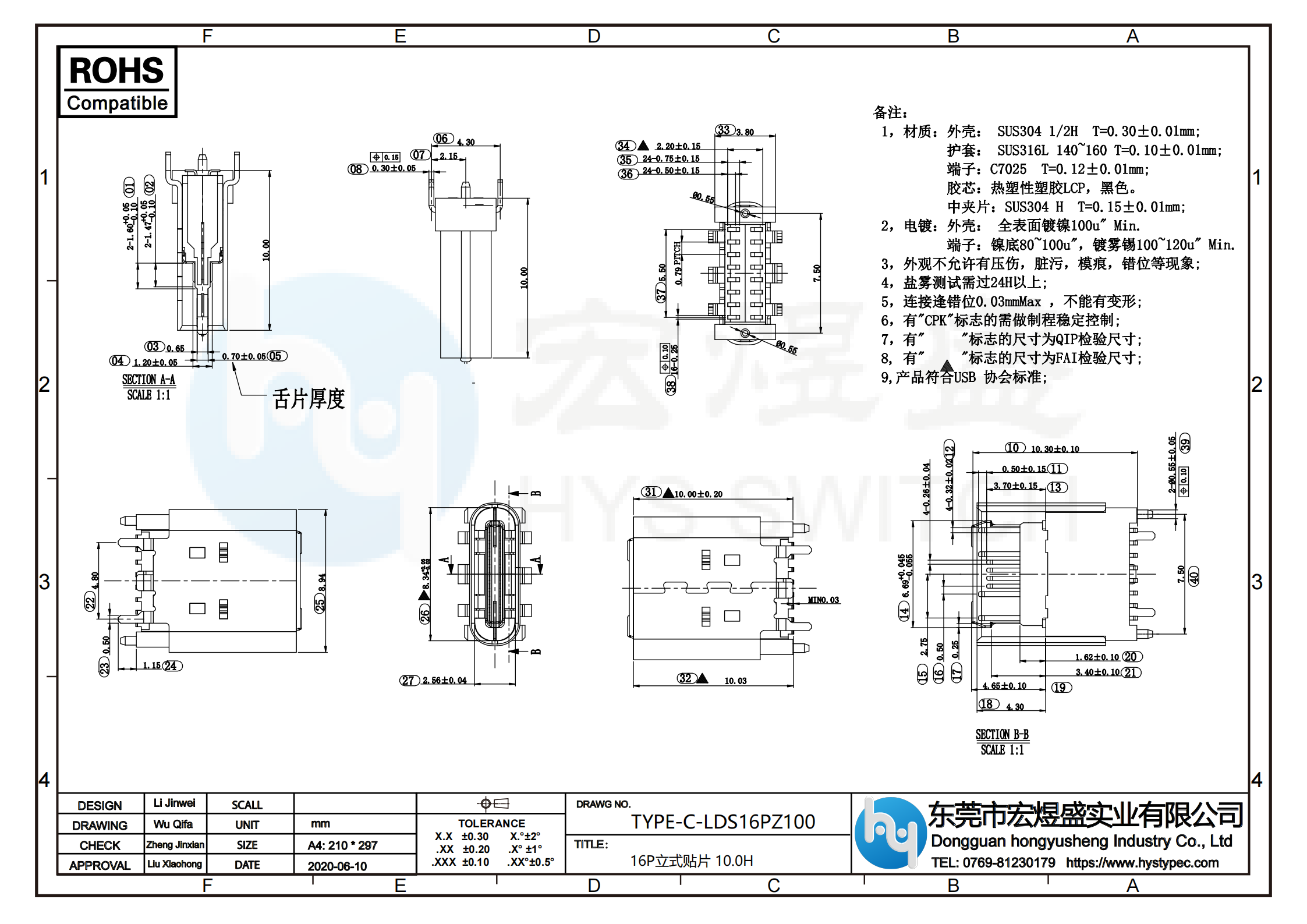 TYPE-C母座16P立式贴片尺寸图