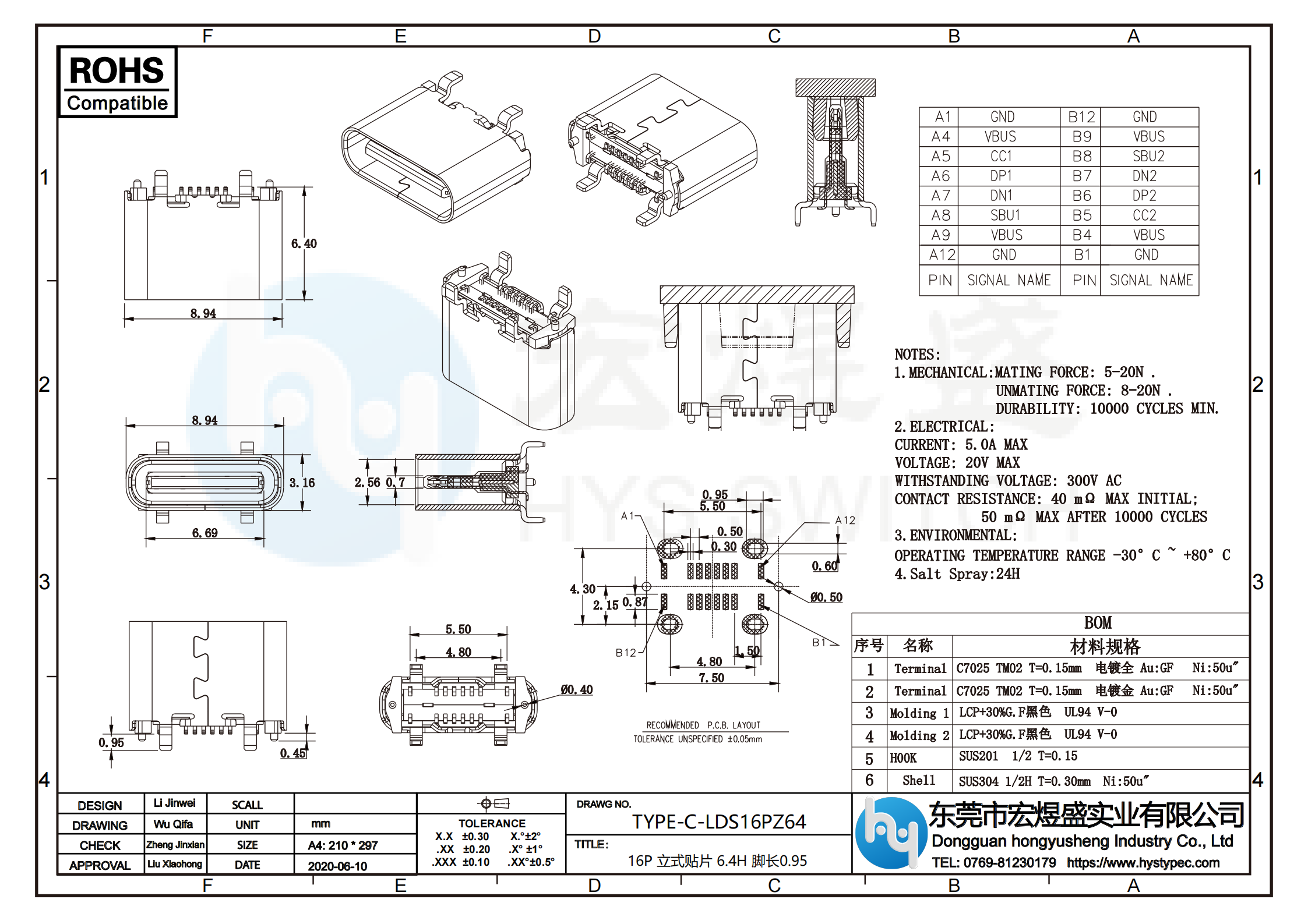 usb type-c 母座16P结构尺寸图