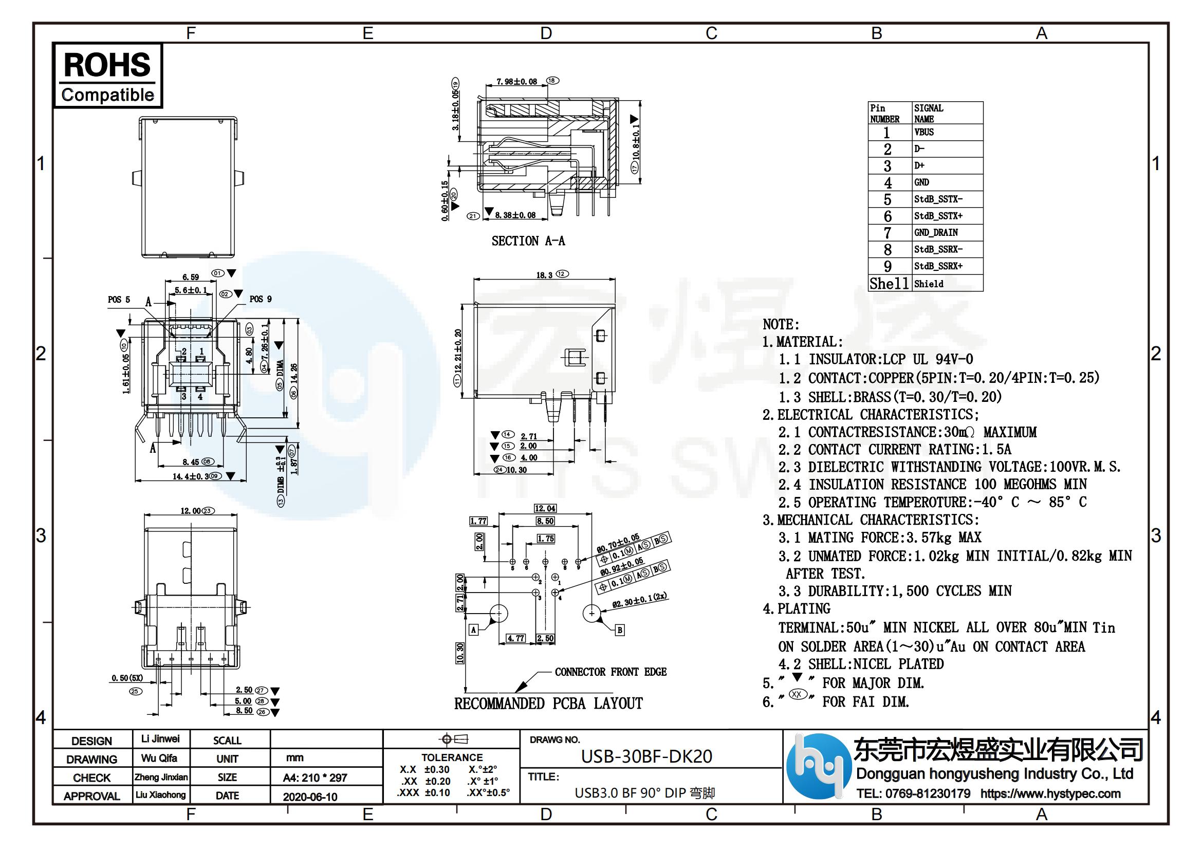 USB3.0BF母座尺寸图