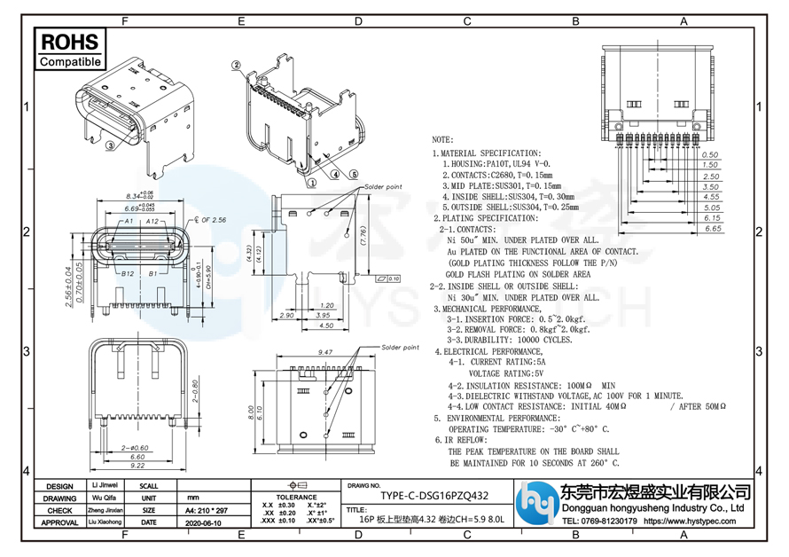 TYPE-C 16P母座板上型垫高4.32