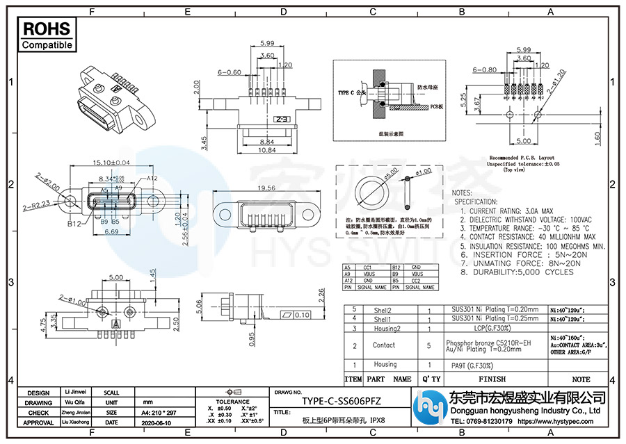 板上型6P带耳朵带孔 IPX8 TYPE-C连接器结构尺寸图