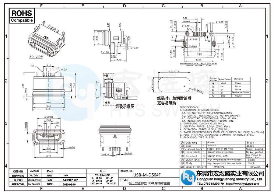  板上型正脚位-IPX8-带防水胶圈 USB TYPE-C连接器母座结构尺寸图