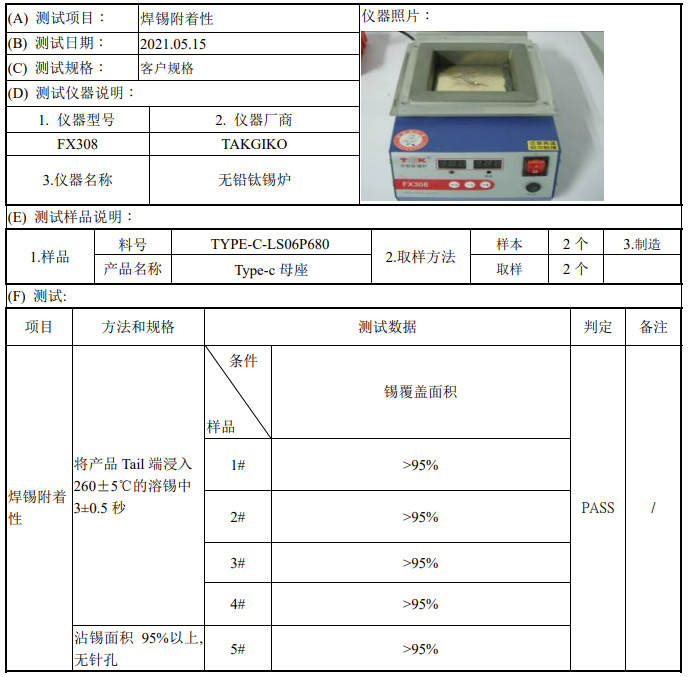 焊锡附着性测试报告