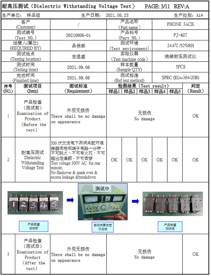 3.5防水耳机插座 PJ-427耐高压测试