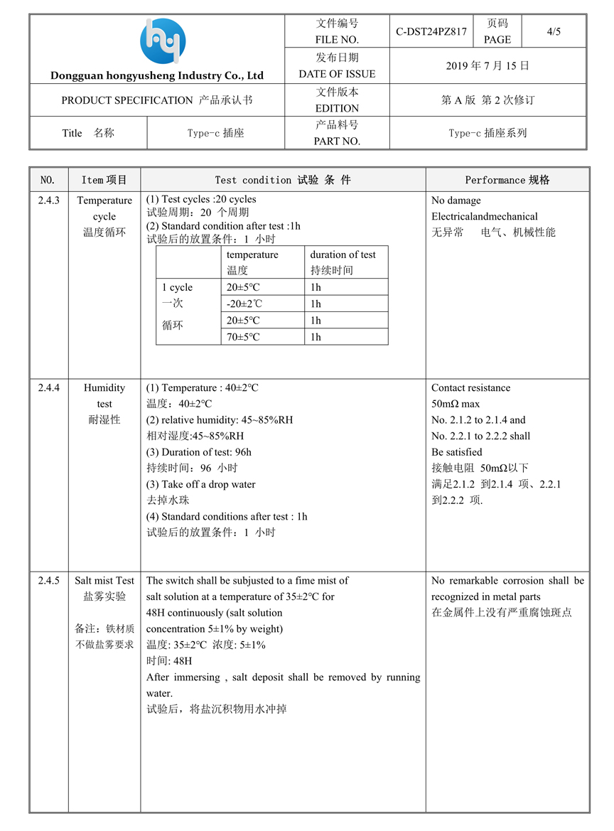 TYPE-C母座24P成品承认书