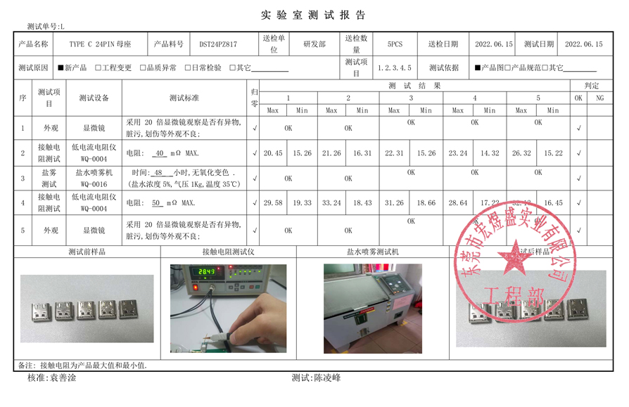 TYPE-C母座24P测试报告书