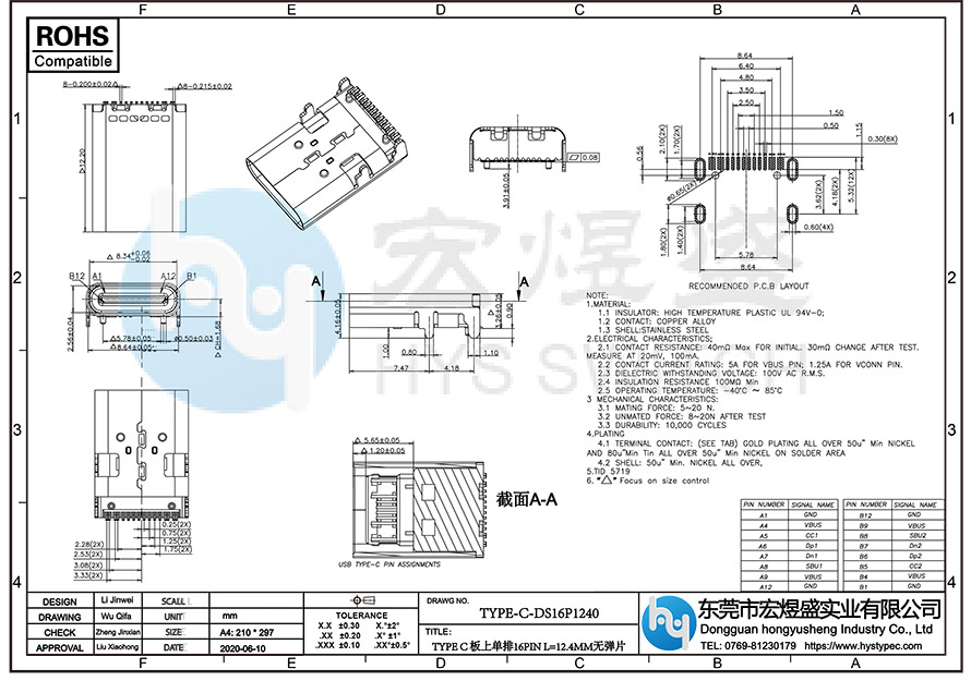 TYPE-C母座L=12.4MM无弹片尺寸图