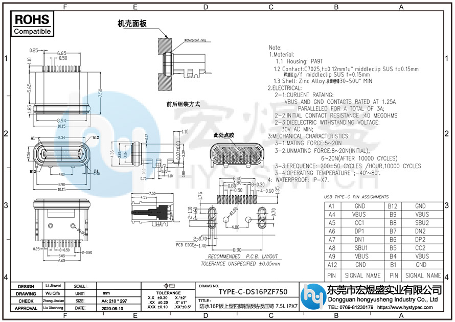 防水Type-C母座16P板上型尺寸图