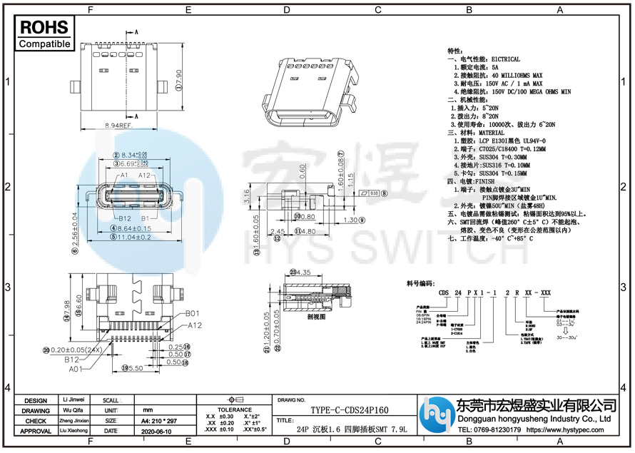 TYPE-C母座24P沉板尺寸图