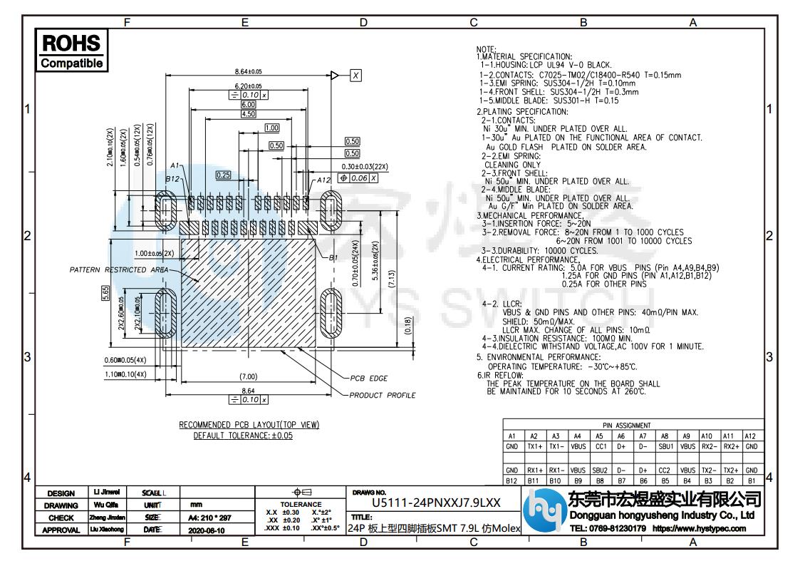 TYPE-C母座24P板上四脚插板7.9L仿Molex 尺寸图