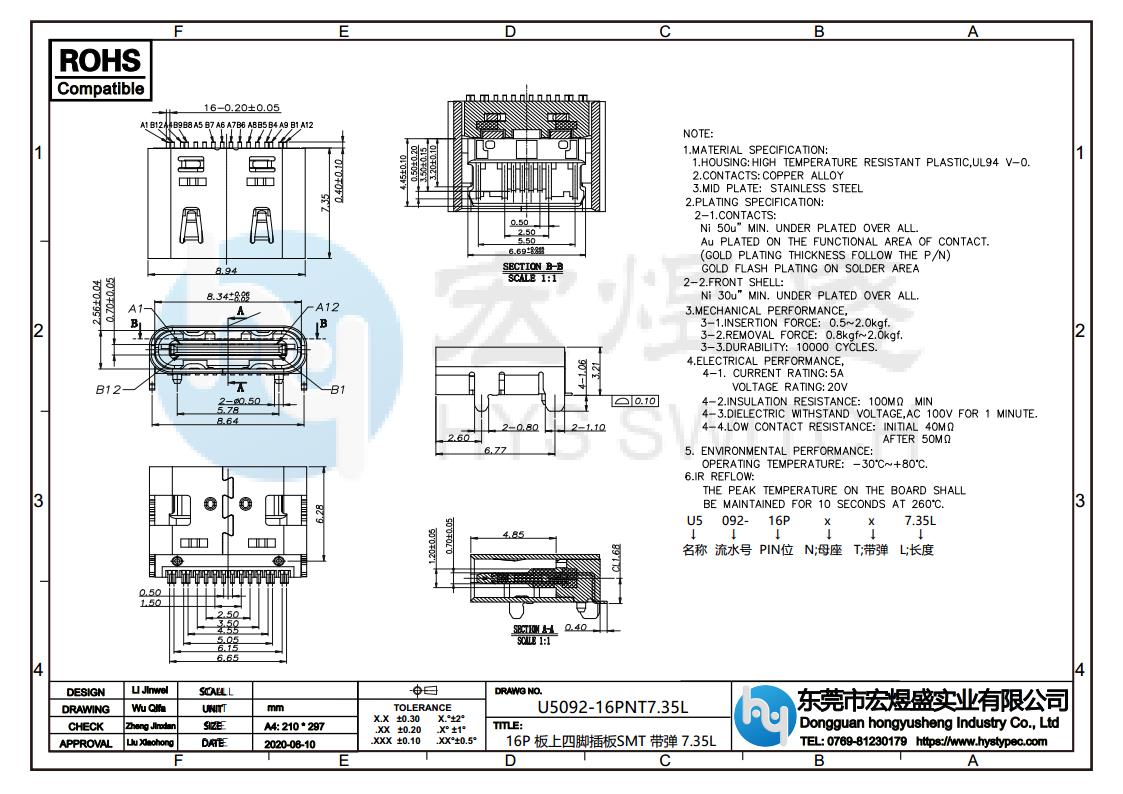 TYPE-C母座16P前贴后插尺寸图