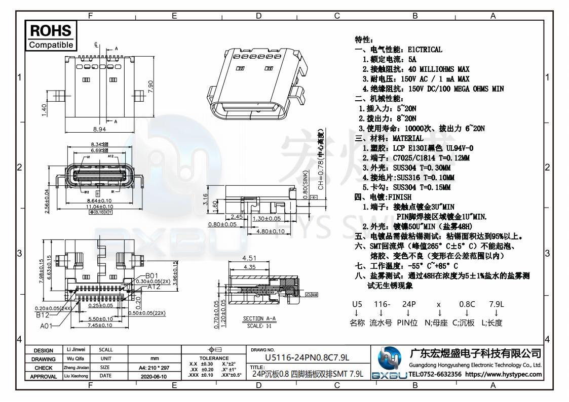 TYPE-C母座24P沉板0.8尺寸图