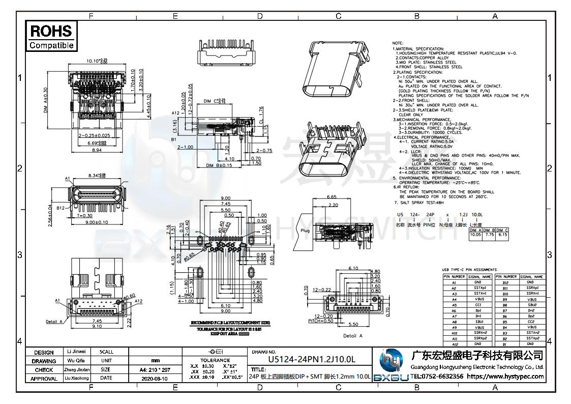 TYPE-C母座24P板上型DIP+SMT双壳 